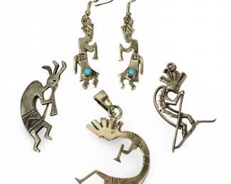 (5pc) Sterling Kokopelli Pendants Pin Earrings
