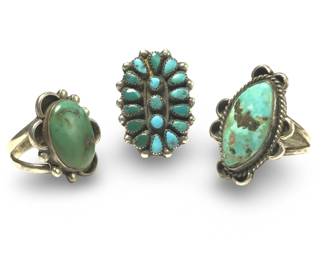 (3) Great Native American Turquoise Silver Rings
