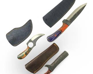 (3) Custom Hand Forged Steel Knives W/Sheaths
