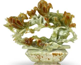 Chinese Hand Carved Jade Birds on Flower Vine