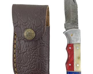 Damascus Steel Folding Knife and Case
