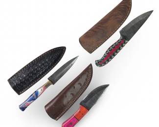 (3) Custom Genuine Damascus Hunting Knives

