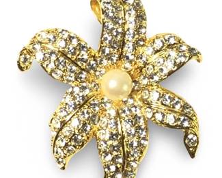 Elegant Gold Tone Floral Rhinestone Pearl Brooch
