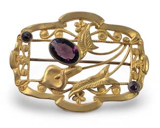Phenomenal Art Nouveau Amethyst Brass Brooch
