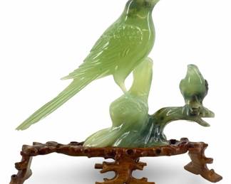 Carved Spinach Jade Perched Birds Art
