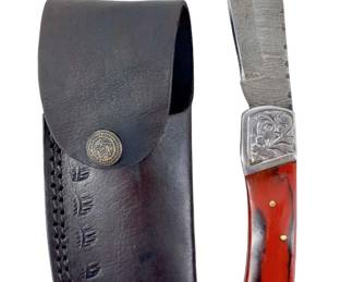 Damascus Steel Folding Knife and Case
