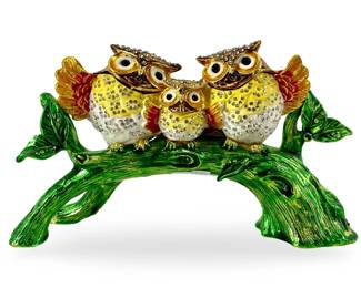 Yu Feng Brass Perched Owls Trinket Box
