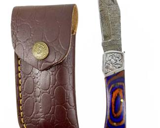 Damascus Steel Folding Knife and Case
