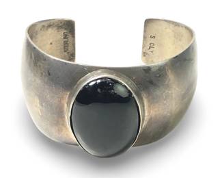 Vintage S. Cly Sterling Onyx Wide Cuff Bracelet
