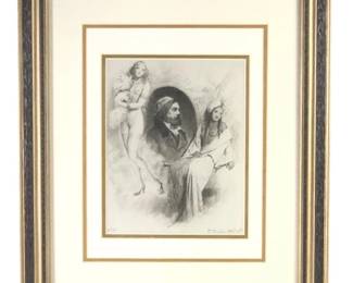 Signed P. Emile Becat Self Portrait W/Nude Etching
