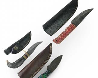 (3) Custom Genuine Damascus Hunting Knives
