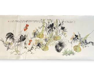 Large Chinese Rooster Watercolor Scroll
