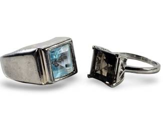 (2pc) Sterling Smoky Quartz Blue Topaz Rings
