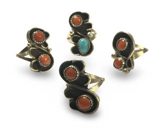 (4) Native American Silver Turquoise Coral Rings
