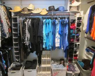 Hat Collection, Buckets, Bins & Hanging Organizers of Ladies Clothing.