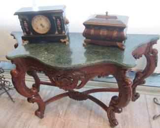 2-Matching Console Tables, MarbleTops with Heavily Carved Frames, 53" X 20" X 32"