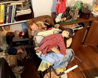 Dolls and wicker doll carriage