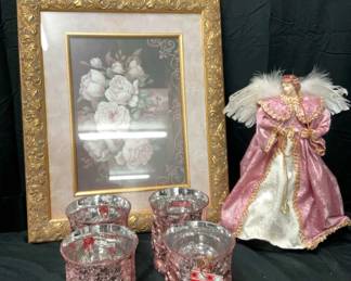 Collection of Christmas Candle Holders, a Framed Portrait Christmas Angel