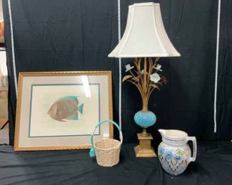 Framed Portrait, Lamp, Basket Pitcher
