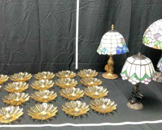 Four Tiffany Glass Lamps 20 Vintage Fostoria Topaz Candy Dishes