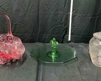 1960s Cookie Jar, Depression Glass Tray  L.E. Smith Glass Basket