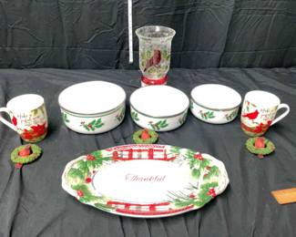 Holly Berry Red Cardinal Christmas Dishes  Ornaments 