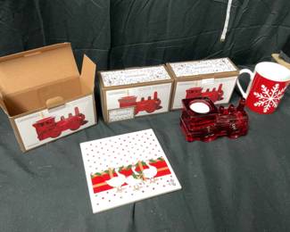 Christmas Coaster, 3 Red Glass Trains with Votive Holder Christmas Mug