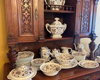 Masons Bow Bells Ironstone and antique carved sideboard cabinet.