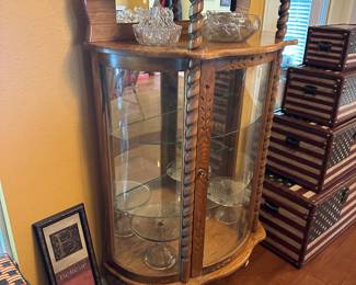 Oak vintage curio cabinet and vintage glassware