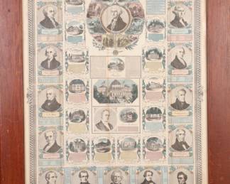 Antique Pre-Civil War color engraving of The Presidents of the United States