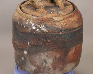 Massive Studio art pottery with double headed crocodile lid