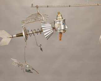 Flying Fisher found objects sculpture
