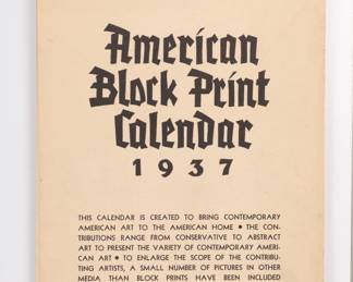 1937 Wood Block Print Calendar with prints by Birger Sandzen, Thomas Hart Benton, Grant Wood and more!