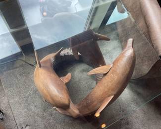 One of a kind hand carved dolphin glass top table, this came from Bali. 