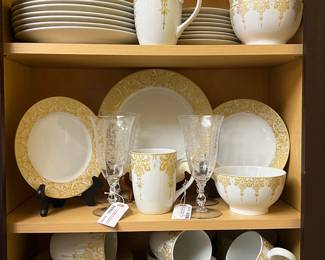 Pier 1 “Golden Floral” porcelain dinnerware set