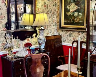 Maitland Smith flame mahogany console table. Large wood framed mirror. Cevik Crystal & Resin Heron Vase. Waterford Crystal. Silver plate trays. Chinoiserie-style lamp.
