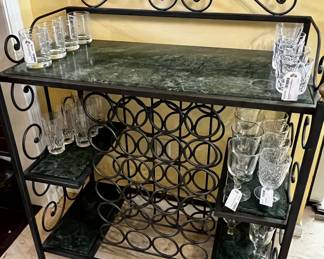 Marble top, wrought iron wine rack/bar