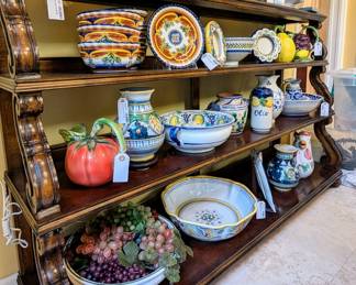 Four tier bookcase/shelf, miscellaneous hand, painted Italian pottery