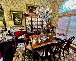 Henredon Dining Table, 2 leaves, pads, 10 chairs. Henredon ‘Rittenhouse’ Lighted China Cabinet. Framed magnolia art print. Antique Haviland Limoges China. Noritake China Set. Vintage glassware. Crystal glassware. 8x10 Rug. Oil on canvas art.