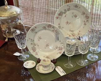 Limoges dishes and Waterford Lismore glasses