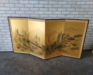 Lot 853: Vintage Japanese Four-Panel Byobu Folding Room Screen - Hand Painted Landscape on Silk