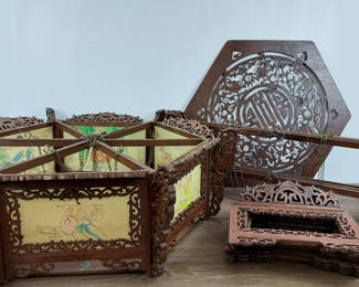 Lot 606: Pair of Antique Hanging Décor with Reverse-Painted Silk Glass Images