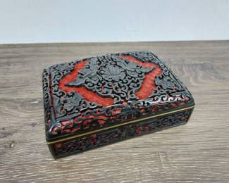 Lot 781: Antique Chinese Carved Cinnabar and Black Lacquer Hinged Jewelry Box