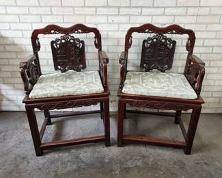 Lot 609: Pair of Solid Chinese Rosewood Armchairs with Cushions