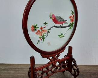 Lot 800: Vintage Suzhou Embroidered Artwork in Ornate Wood Stand