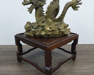 Lot 742: Brass Dragon with Coins and Taels on Beautiful Wood Pedestal