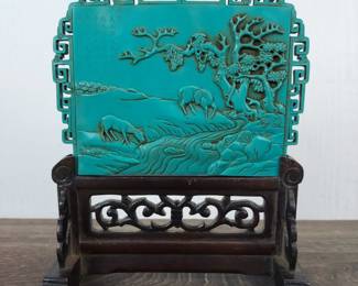 Lot 690: Vintage Chinese "Turquoise" and Hardwood Table Screen Panel