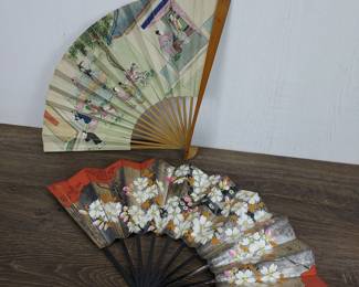 Lot 731: Pair of Hand-Painted Hand Fans - Floral Motif and Geisha Scene