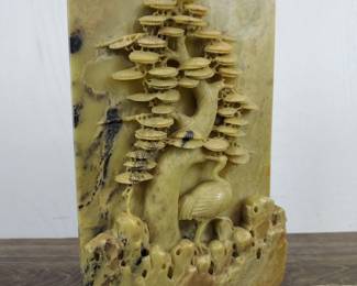 Lot 679: Carved Chinese Soapstone Panel with Crane and Tree