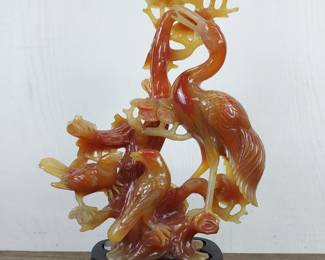 Lot 677: Asian Carnelian Agate Crane and Bird Motif Carving on Custom Wood Pedestal